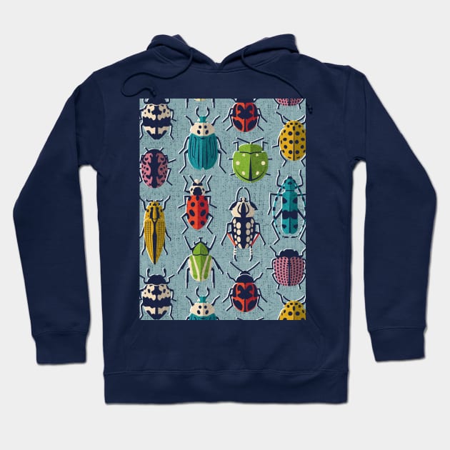 These don't bug me // pattern // duck egg blue background green yellow neon red orange pink blue and black and ivory retro paper cut beetles and insects Hoodie by SelmaCardoso